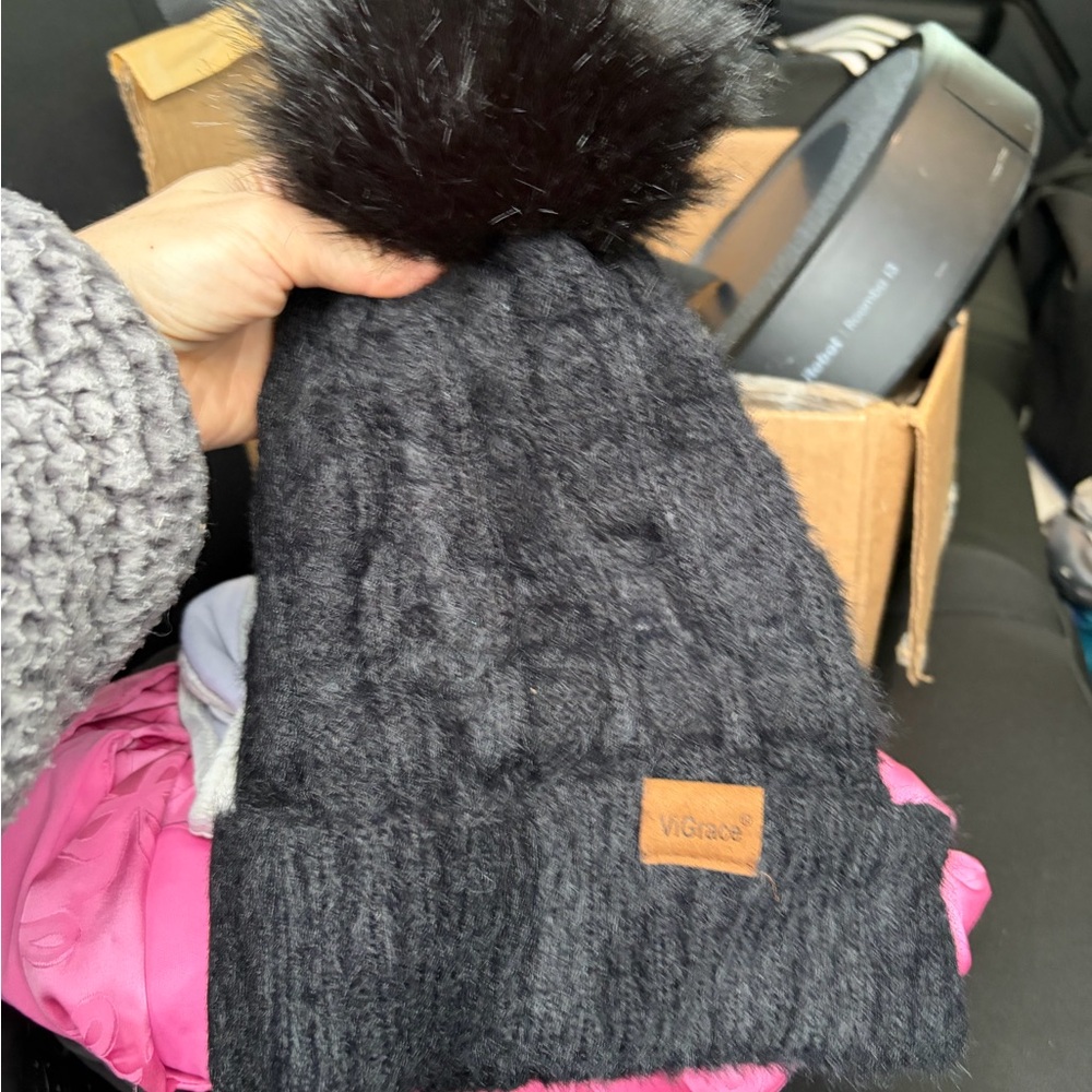 Black winter hat Knit Beanie with Black Pom-Pom